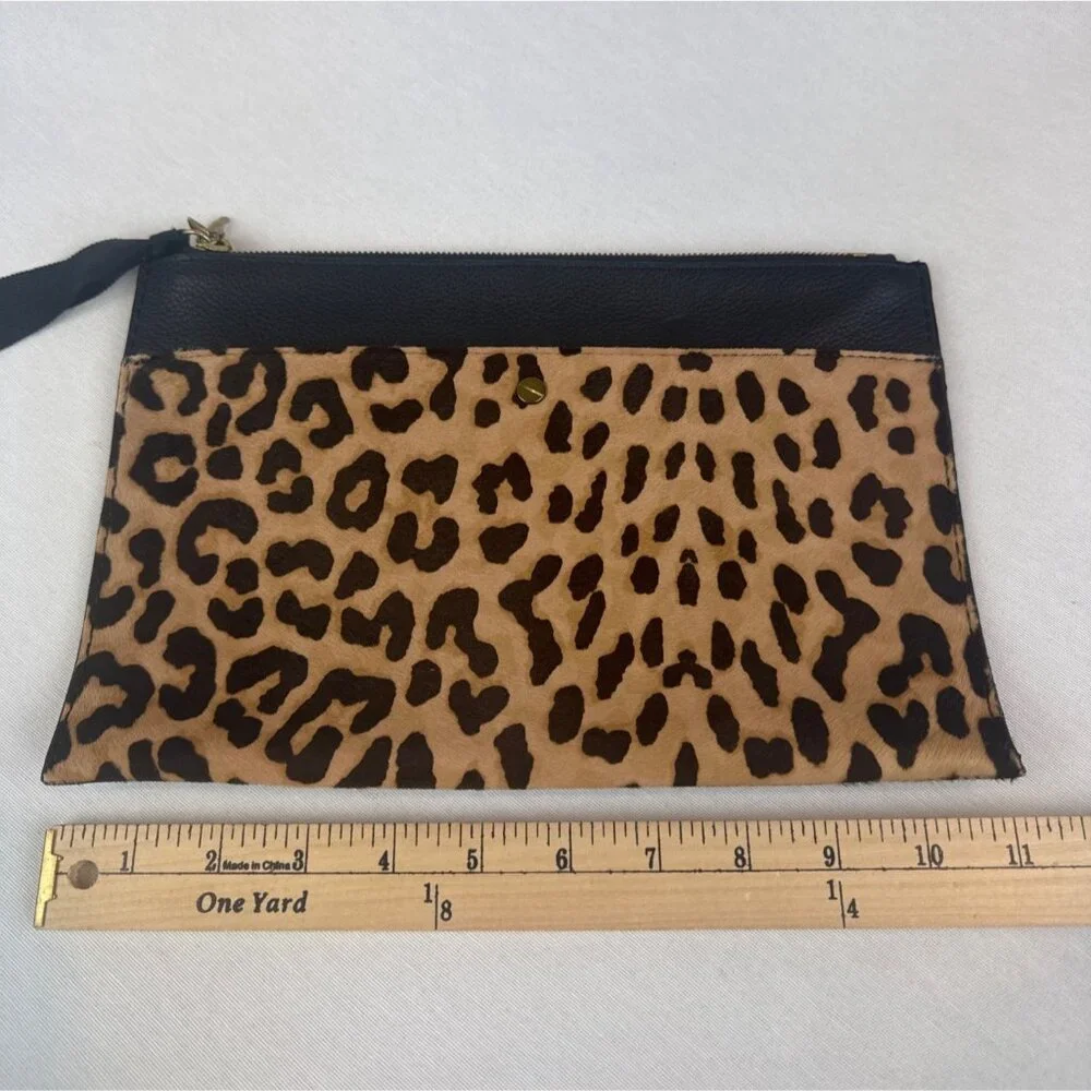 J Crew Black Leather Calf Hair Leopard Print Clutch Brass Accents Zipper - Picture 10 of 11